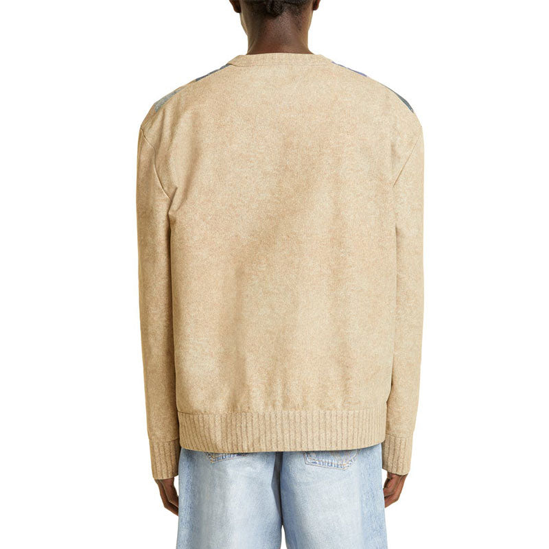 Back view of a beige argyle sweater in a cashmere blend.