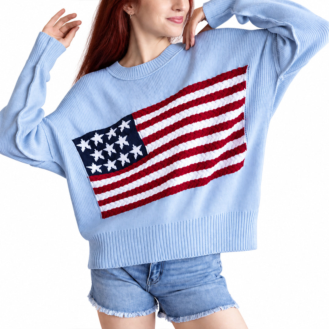 Light blue American flag pullover with relaxed sleeves and oversized fit