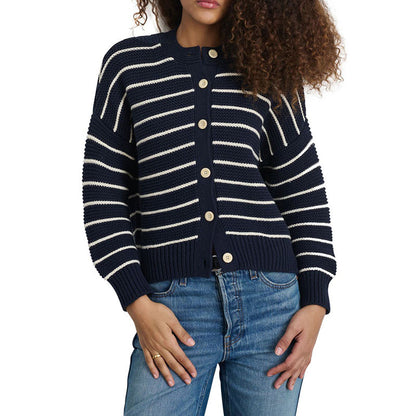 Woman wearing navy and white striped cardigan - OEM/ODM knit sweater for brands.