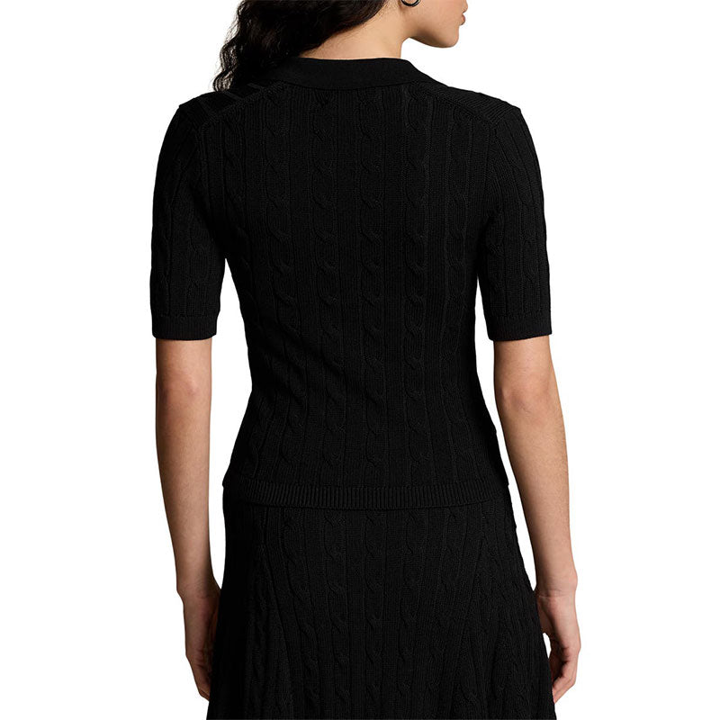 Back view of black short-sleeve cable knit polo sweater for women.