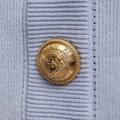 Gold-tone button on ribbed knit cardigan
