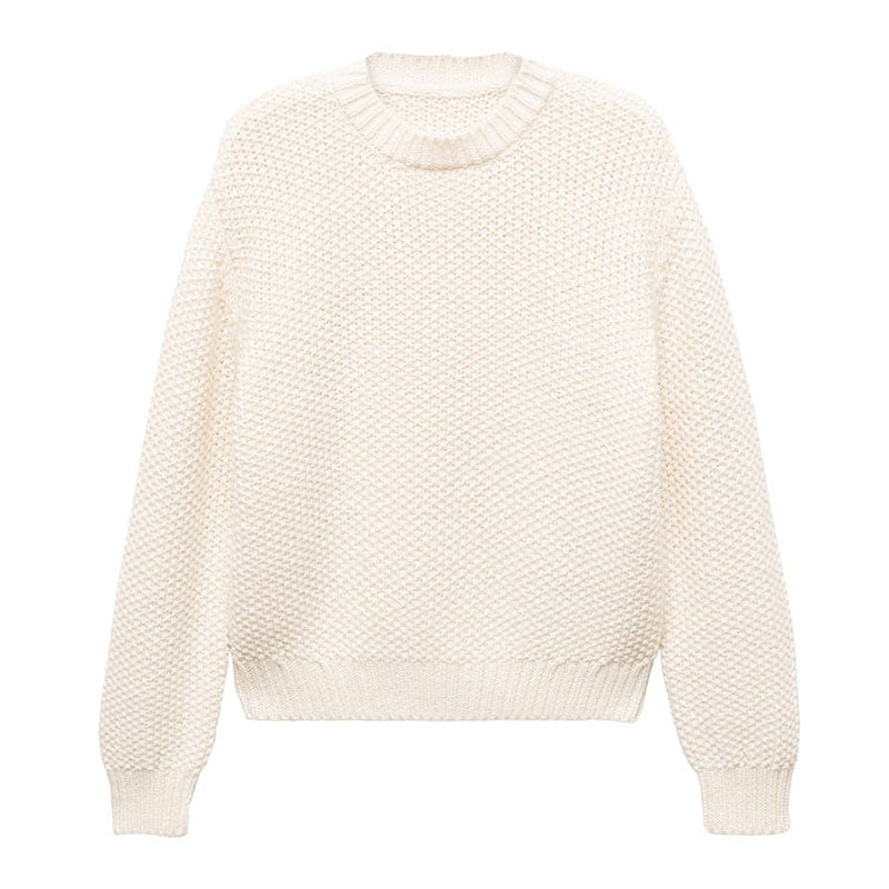 Front view of a cream-colored, grid pullover sweater made from a cotton blend. The sweater features a textured knit pattern and ribbed cuffs and hem.