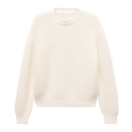 Front view of a cream-colored, grid pullover sweater made from a cotton blend. The sweater features a textured knit pattern and ribbed cuffs and hem.