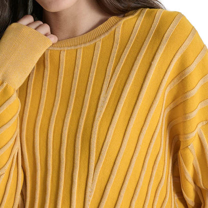 Detailed view of the sleeve design of a yellow women's cotton blend knit pullover sweater with striped design