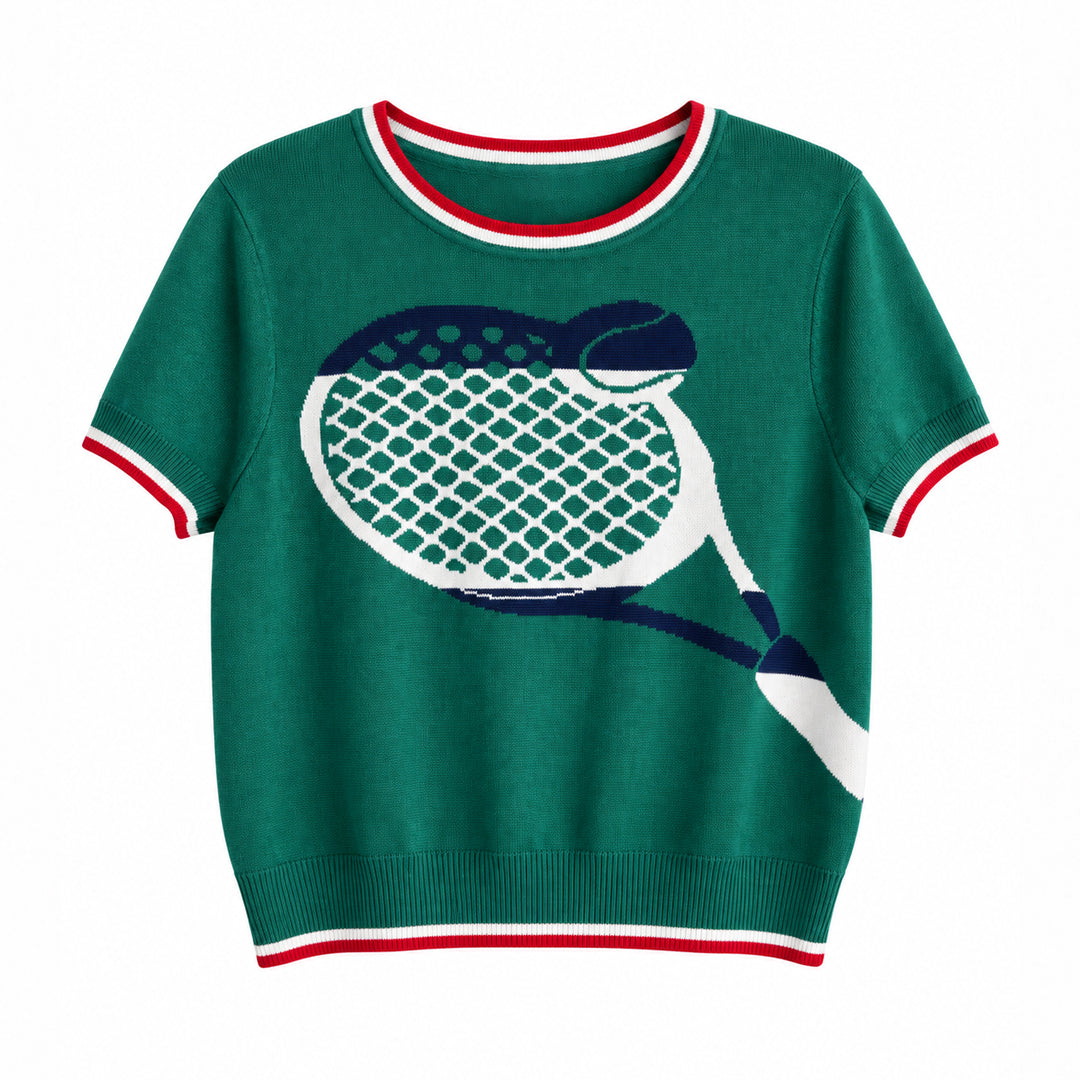 Green short sleeve knit sweater with tennis racket graphic and red white striped ribbed trims