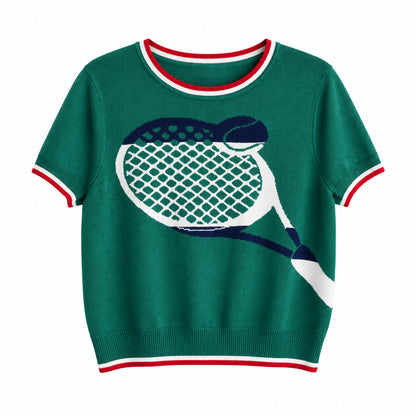 Green short sleeve knit sweater with tennis racket graphic and red white striped ribbed trims