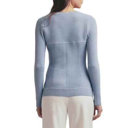 Back view of a light blue wool blend knit cardigan, focusing on the fine knitting pattern and smooth fit.