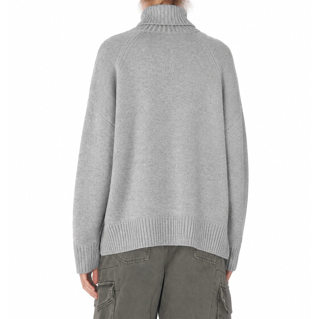 Back view of a women's grey high-neck knit pullover.