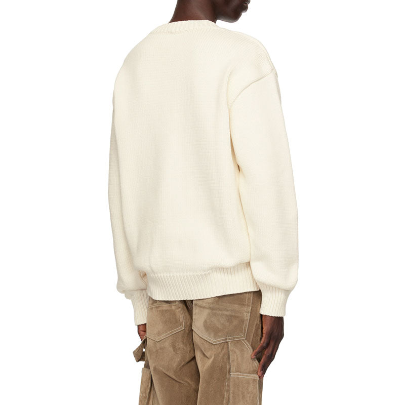 Back view of a custom off-white cashmere knit sweater, showcasing the clean and simple design with ribbed detailing.