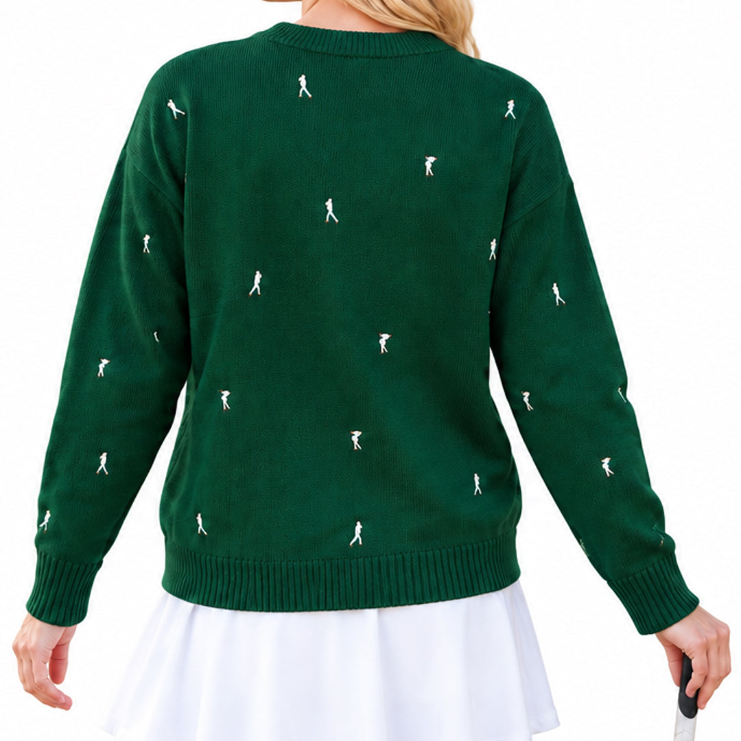 Back view of a dark green long-sleeve knit sweater