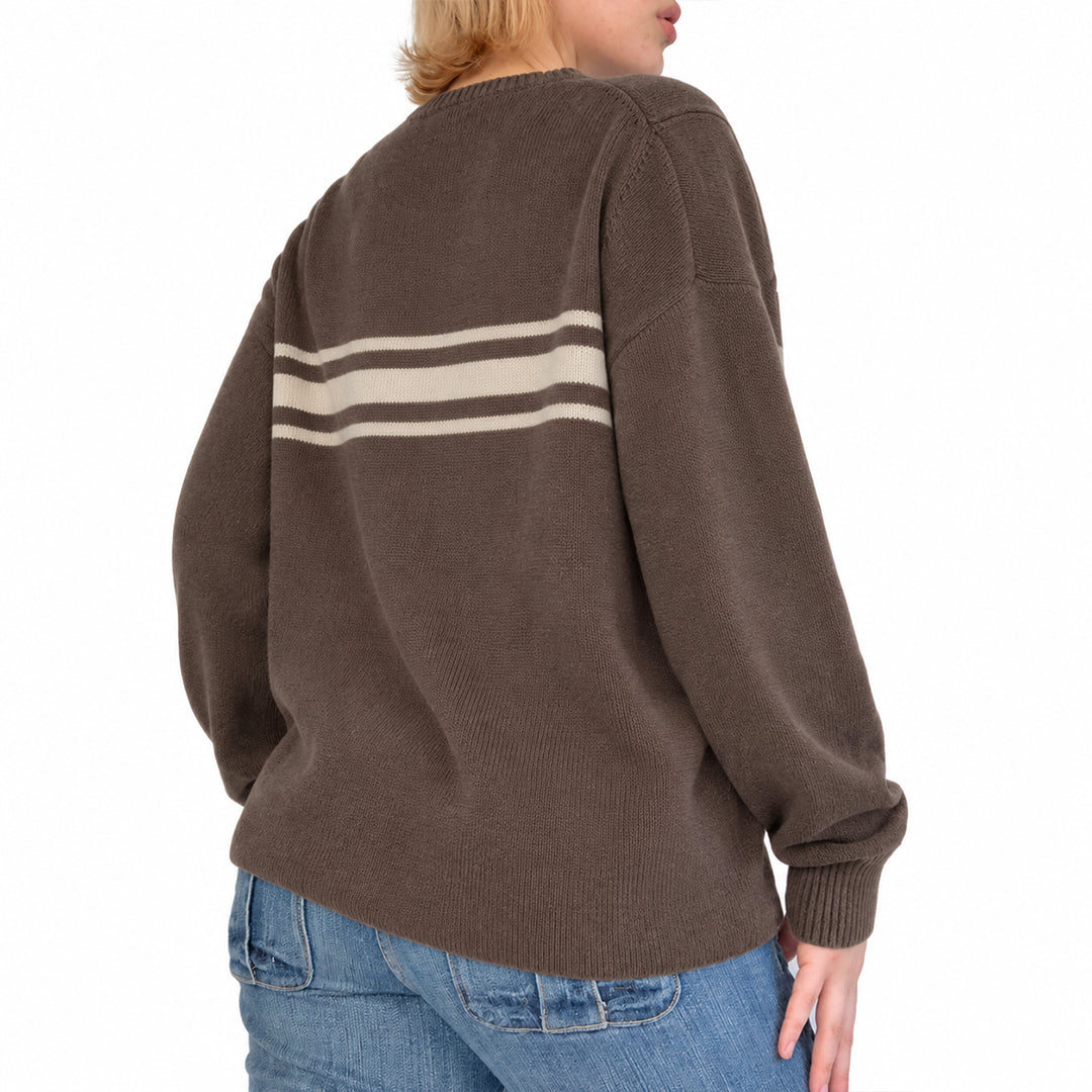 Back view of a brown women's knit pullover.