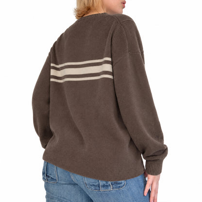 Back view of a brown women's knit pullover.