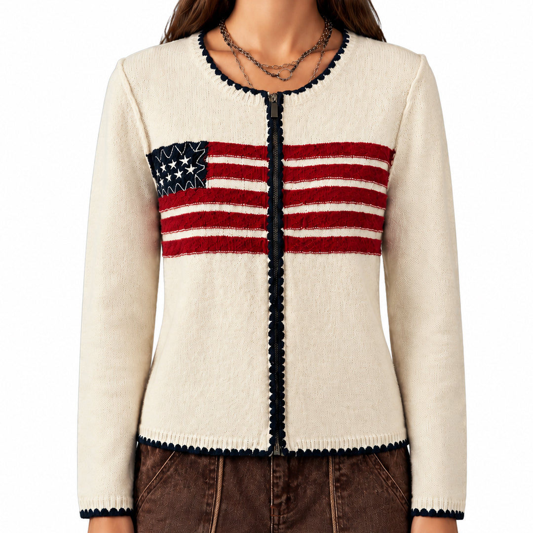 Front view of cream patriotic knit zip cardigan