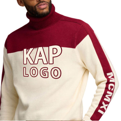 Close-up of a man wearing a custom knit fraternity sweater with 'KAP LOGO' on the front and a red and cream color scheme, showing detailed knitwork.