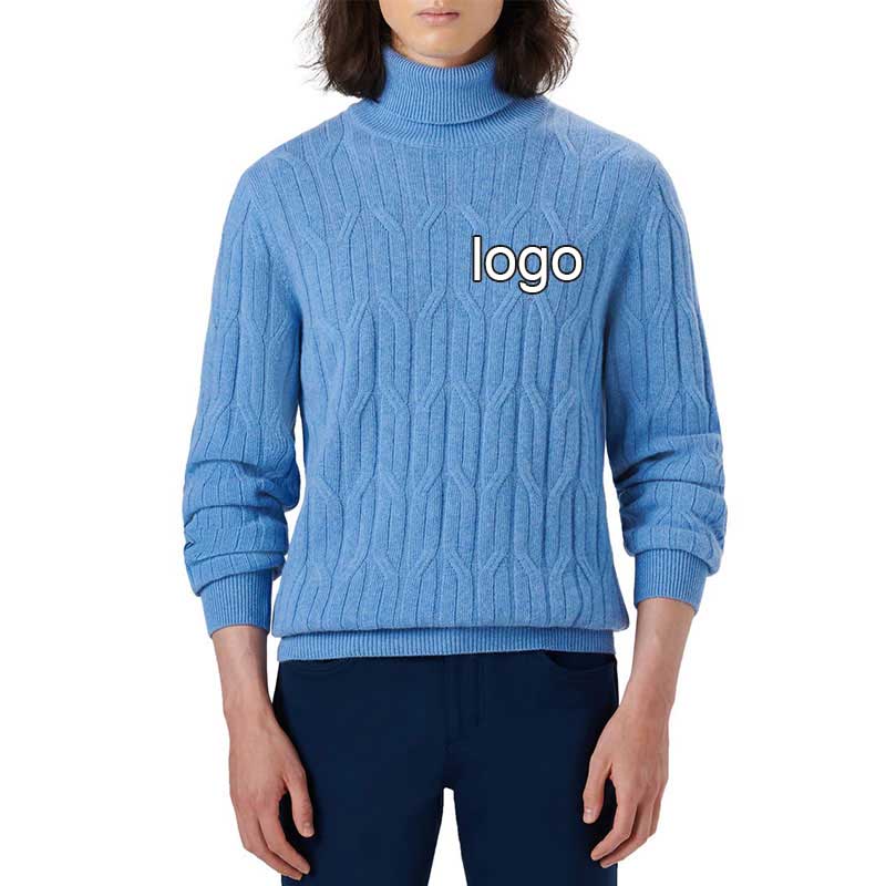 Front view of a blue custom turtleneck sweater with logo on the chest.