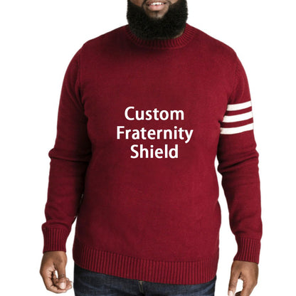 Plus-size custom fraternity knit sweater with embroidered shield and sleeve stripes. High-quality knitwear for fraternities.