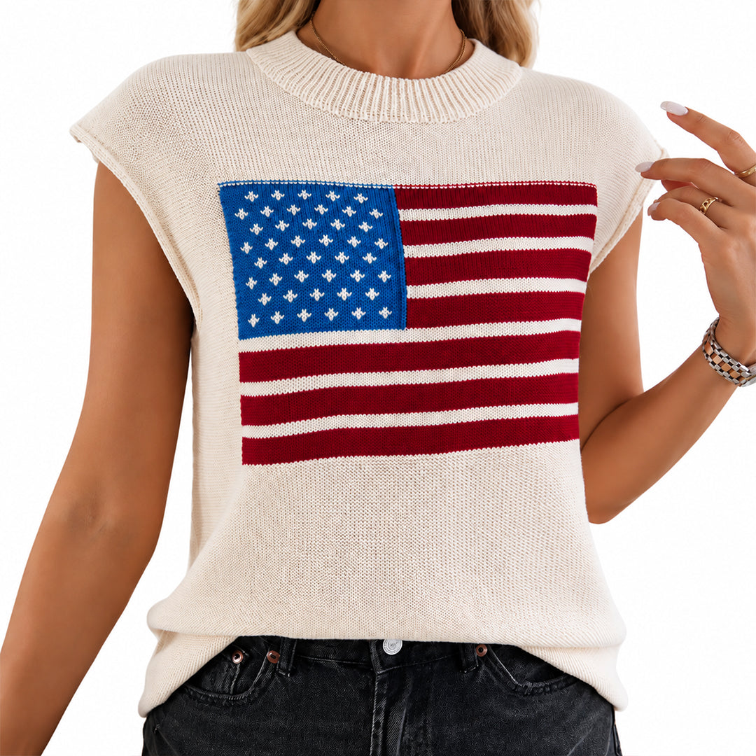Angled view of cream knit vest with American flag design