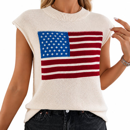 Angled view of cream knit vest with American flag design