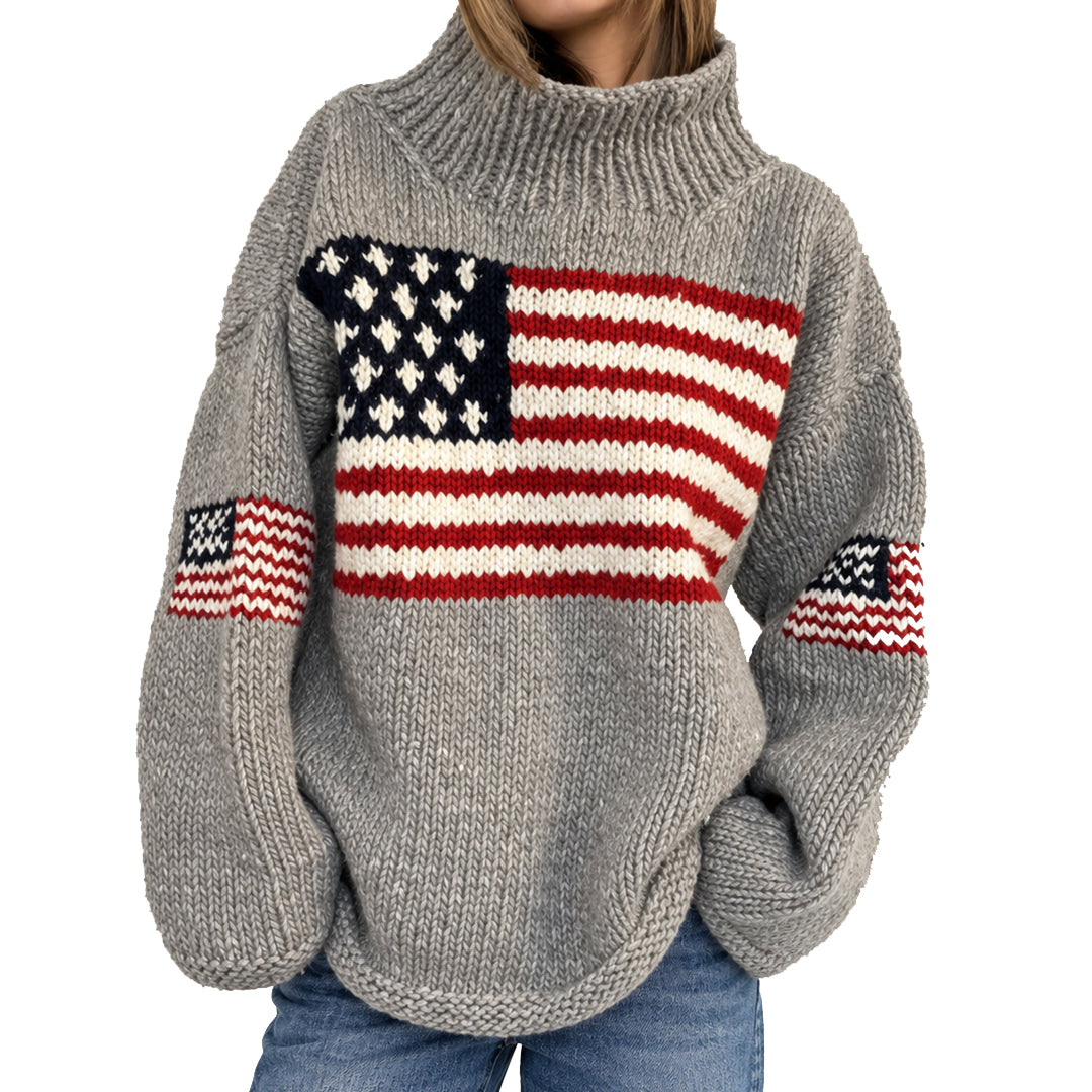 Grey crew neck sweater featuring a large American flag chest graphic