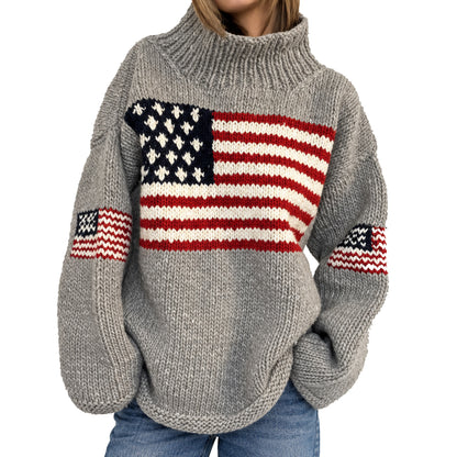 Grey crew neck sweater featuring a large American flag chest graphic