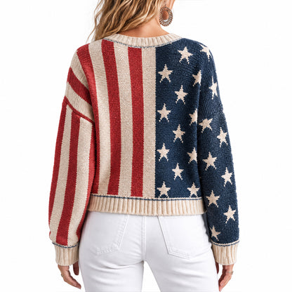 Back view of an American flag knit cardigan featuring a navy star panel and red white stripes