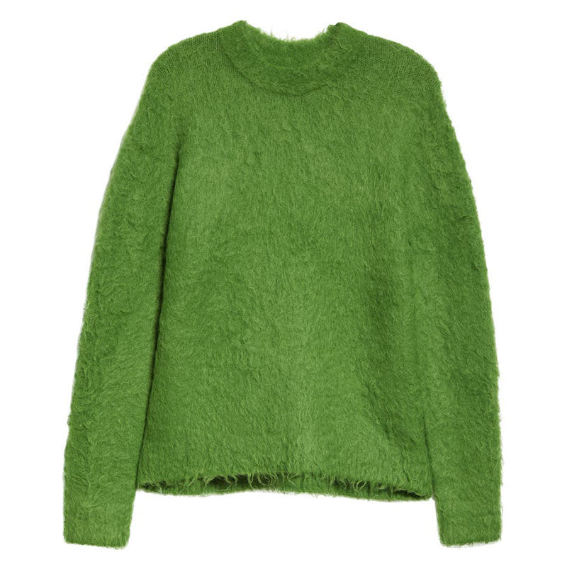 Flat lay of a custom green acrylic mohair knit sweater.