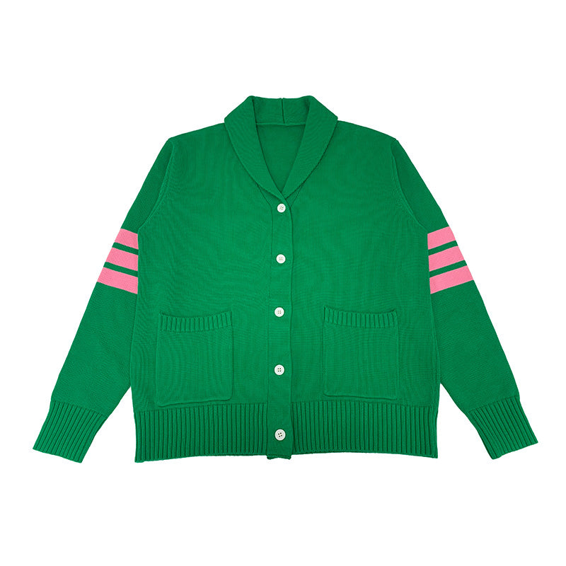 Green Greek life cardigan with pink sleeve stripes and front pockets – ideal for sorority customization