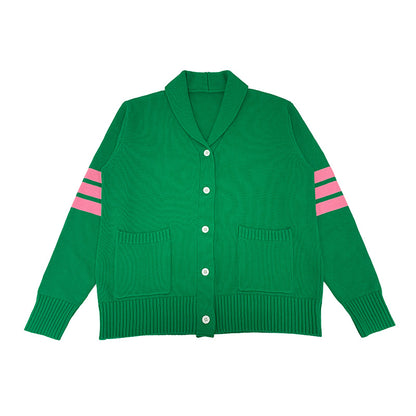 Green Greek life cardigan with pink sleeve stripes and front pockets – ideal for sorority customization