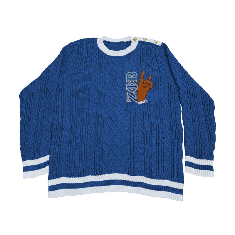 Custom Zeta Phi Beta cable knit sweater with hand sign embroidery – greek life letter sweater by sweater manufacturer for sorority groups