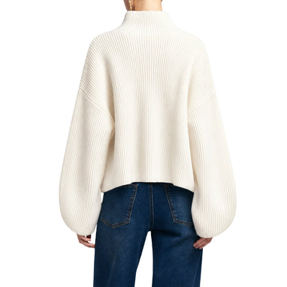 Back view of an ivory relaxed-fit knit sweater.