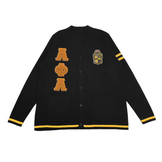 Custom black Greek life cardigan with embroidered Alpha Phi Alpha letters and crest, ideal for fraternity group wear, personalized letter cardigans for Greek organizations