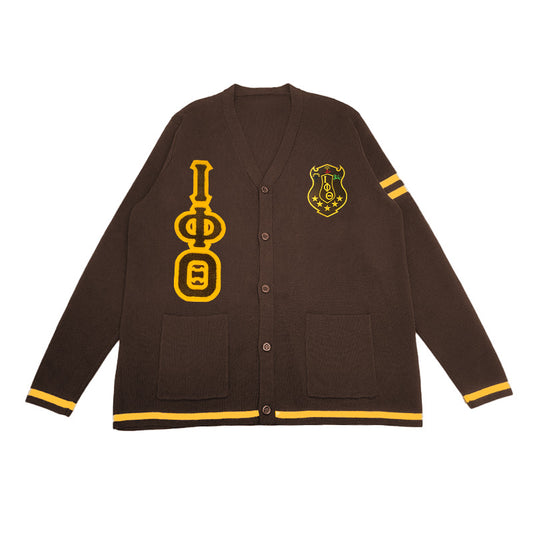 Custom Iota Phi Theta cardigan with embroidered Greek letters and crest, ideal for Greek life organizations, fraternities, and sororities. Personalized letter cardigans for group and organizational wear.