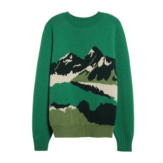 Green wool blend pullover knit sweater with mountain jacquard, front view.