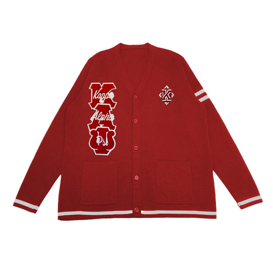 Custom red Greek life cardigan with embroidered Kappa Alpha Psi letters and crest, perfect for fraternity apparel. Personalized letter cardigans for Greek life organizations and group wear