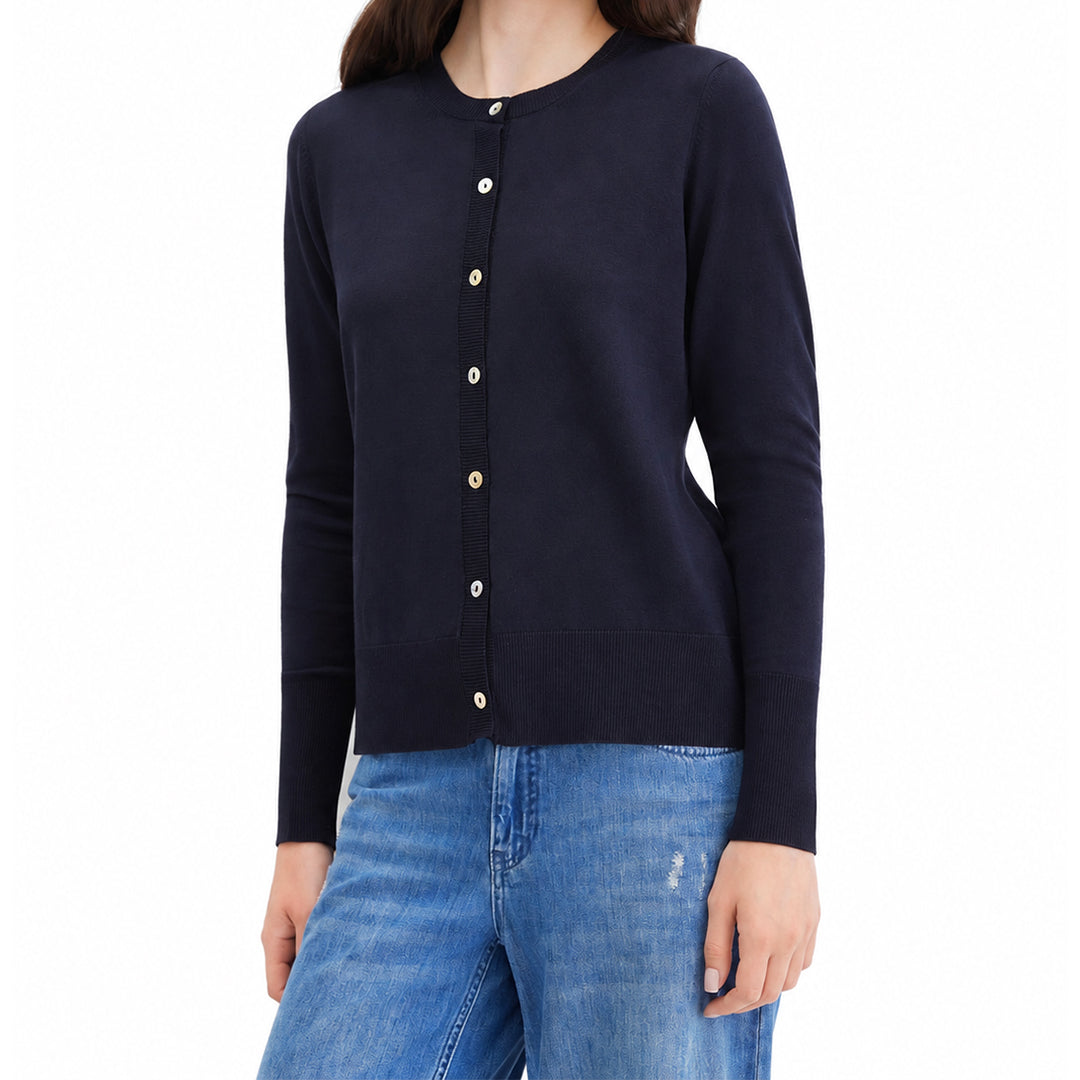 Women's black cardigan with a round neckline and button-front closure.