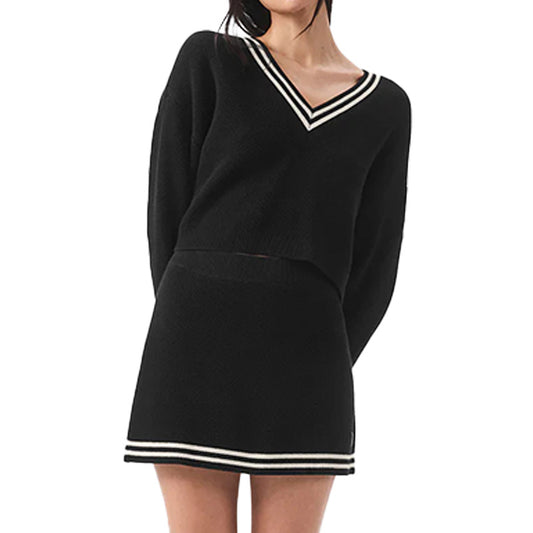 Custom 100% Cotton Women Knit Sweater Two-Piece Crop Set - Front View with Drink