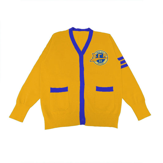Sigma Gamma Rho cardigan in gold and royal blue with crest and 1922 Butler founding detail, perfect for custom Greek life apparel and sorority group orders