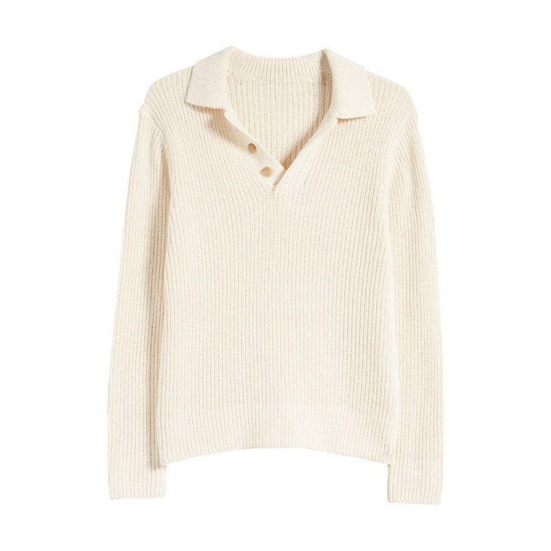 Beige 100% cotton knit sweater with a polo collar and three-button placket, displayed flat against a white background.