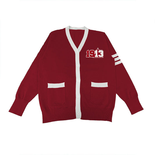 Delta Sigma Theta cardigan in crimson and white with bold 1913 embroidery, honoring the founding year, ideal for Greek life and sorority apparel