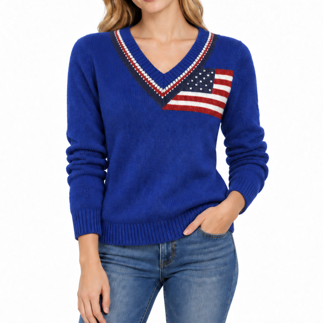 Blue V-neck pullover with American flag detail and striped neckline
