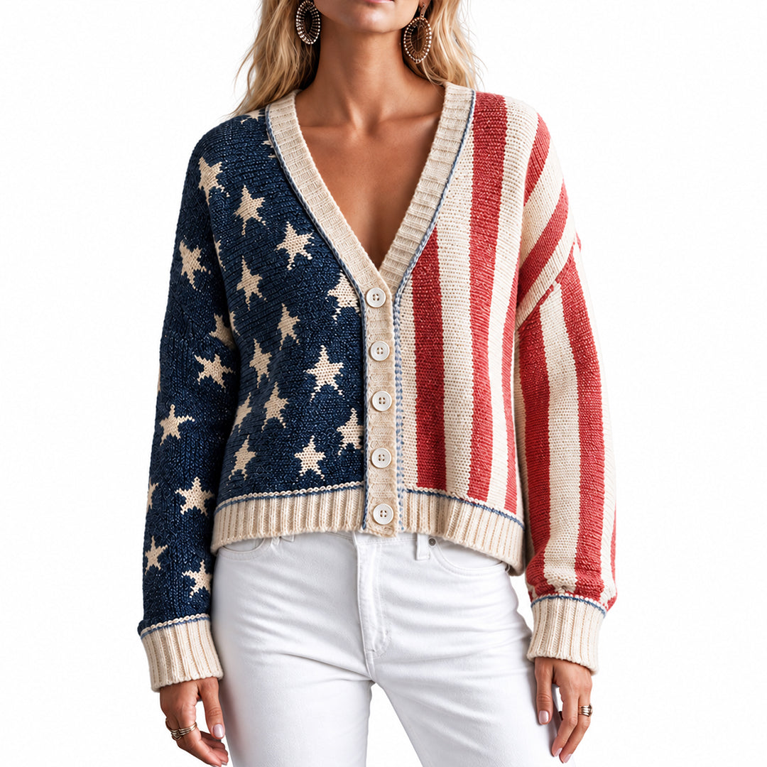 Angled front view of a patriotic star and stripe knit cardigan with a V-neck and button closure