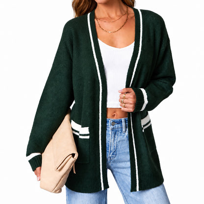 Women's green tennis club cardigan with white striped edges and casual denim styling