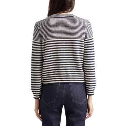 Rear view of a navy blue and cream striped knit sweater worn by a model.