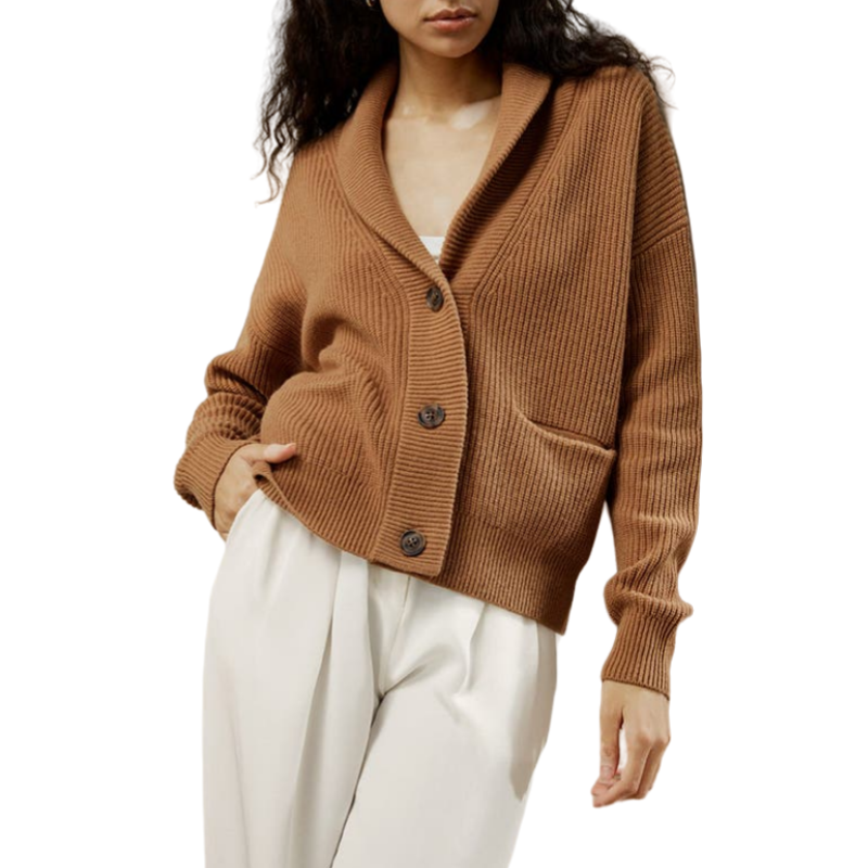 Model showcasing a brown wool oversized button-up cardigan with pockets.