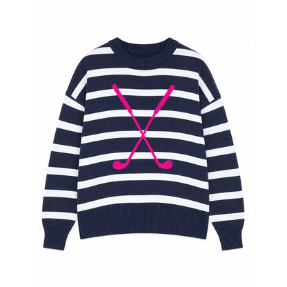 Navy and white striped crew-neck pullover with ribbed cuffs and hem
