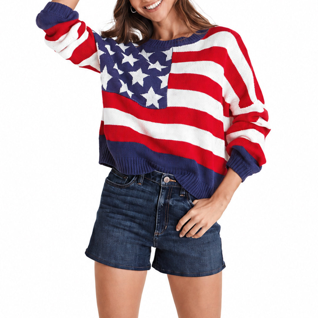 Model wearing an American flag sweater with bold horizontal stripes