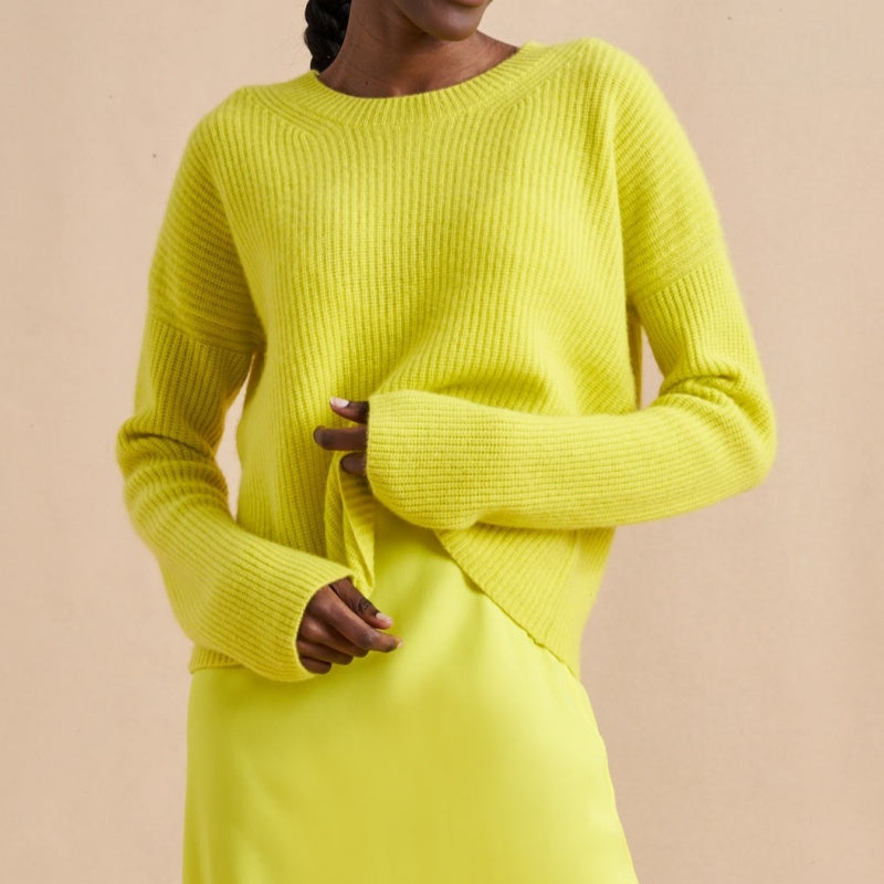 Custom O-neck Women’s Knitted Sweater - Bright Yellow Ribbed Knit