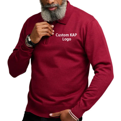 Custom maroon Greek sweater with KAP logo embroidery. Ideal for fraternity and sorority groups, available for bulk production