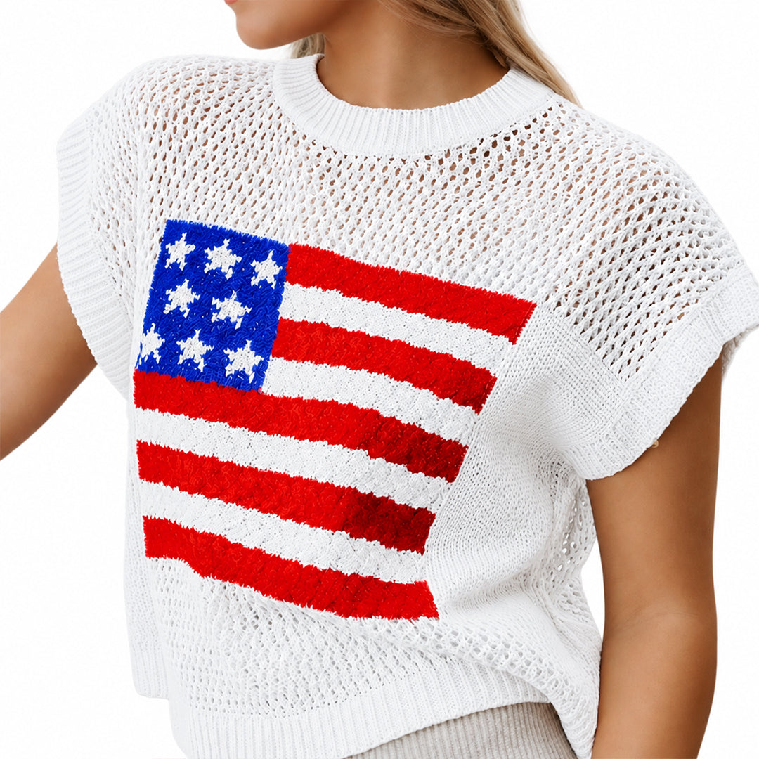 Angled view of white American flag short sleeve knit top