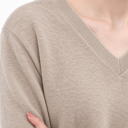 Close-up of beige V-neck sweater neckline